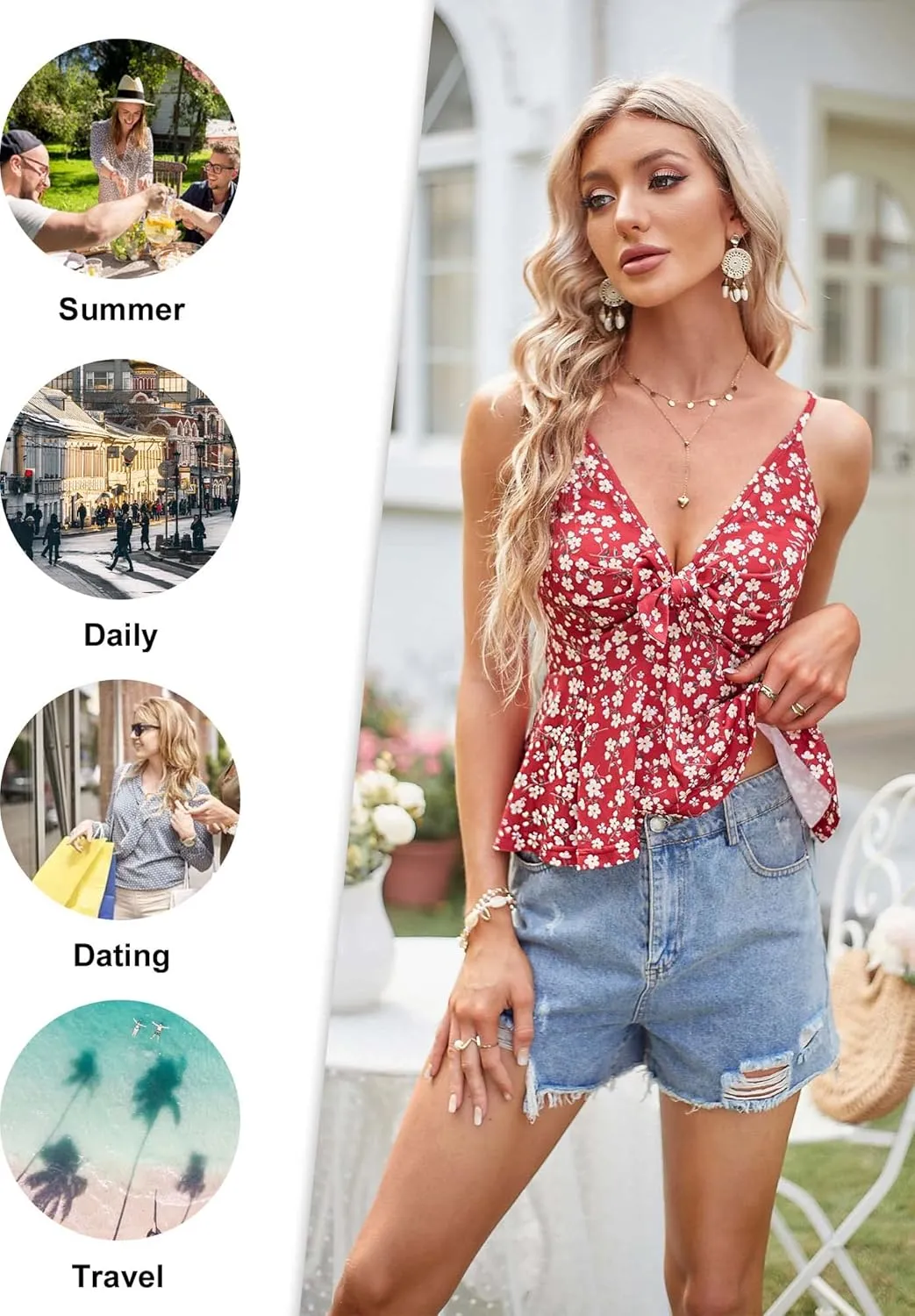 HUHOT Women's Floral Ruffle Top Tie Front Sleeveless V Neck Adjustable Spaghetti Strap Cami