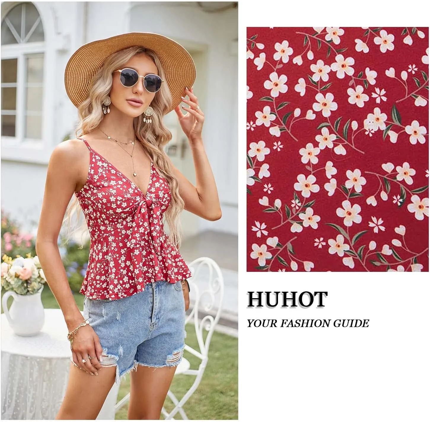 HUHOT Women's Floral Ruffle Top Tie Front Sleeveless V Neck Adjustable Spaghetti Strap Cami