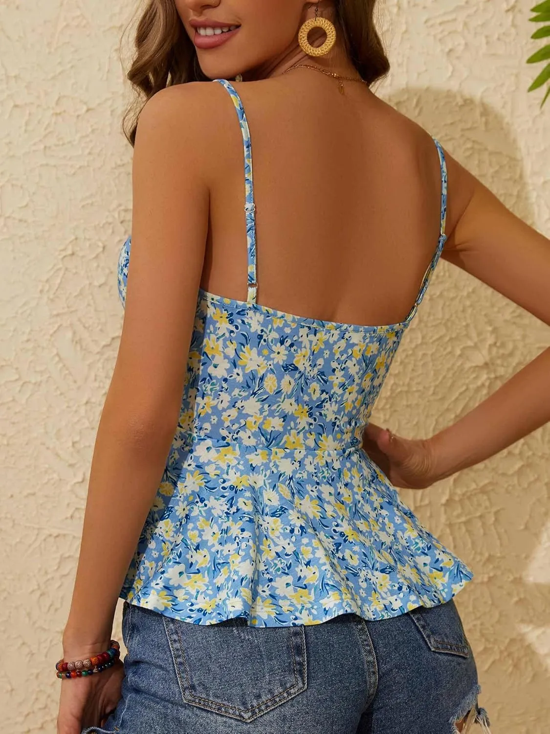 HUHOT Women's Floral Ruffle Top Tie Front Sleeveless V Neck Adjustable Spaghetti Strap Cami