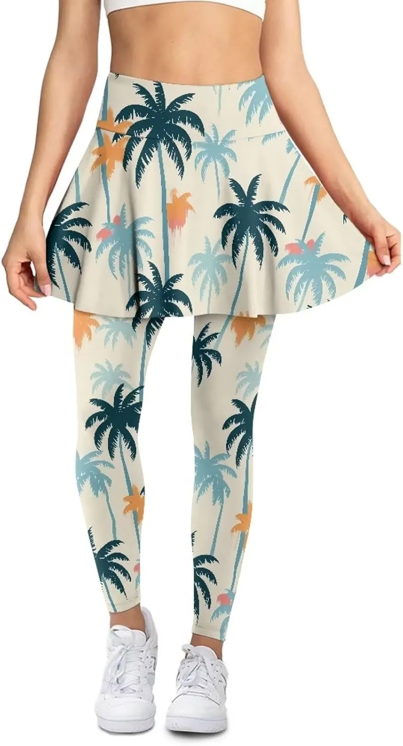 Irisjudy Women Yoga Pants Leggings with Skirt Sunflower Music Note Tennis Golf Skirted Legging Hawaii Style High Waist Tights