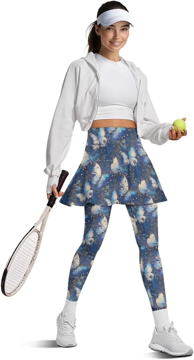 Irisjudy Women Yoga Pants Leggings with Skirt Sunflower Music Note Tennis Golf Skirted Legging Hawaii Style High Waist Tights