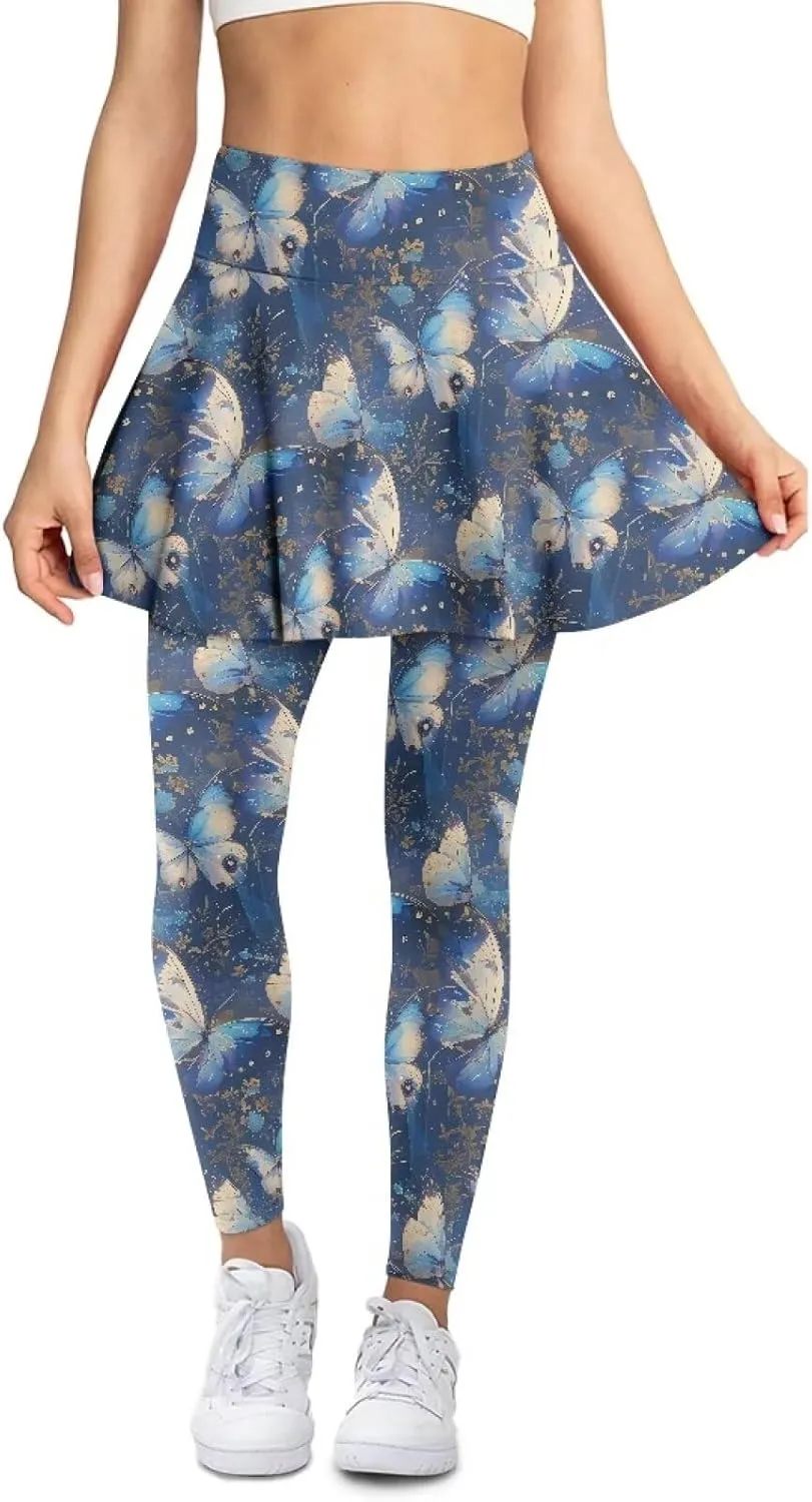 Irisjudy Women Yoga Pants Leggings with Skirt Sunflower Music Note Tennis Golf Skirted Legging Hawaii Style High Waist Tights
