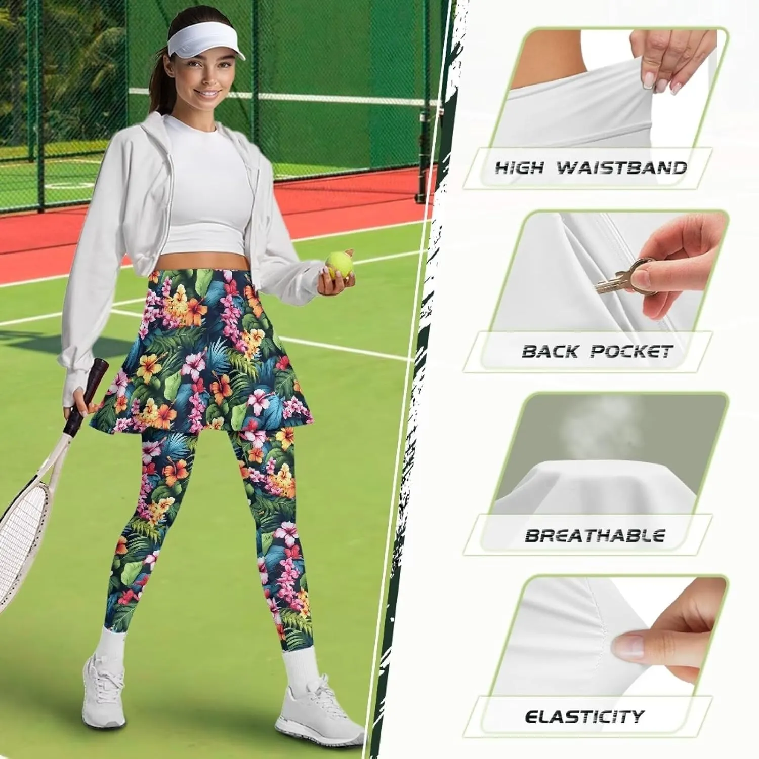Irisjudy Women Yoga Pants Leggings with Skirt Sunflower Music Note Tennis Golf Skirted Legging Hawaii Style High Waist Tights