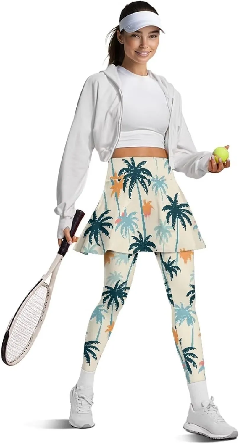 Irisjudy Women Yoga Pants Leggings with Skirt Sunflower Music Note Tennis Golf Skirted Legging Hawaii Style High Waist Tights