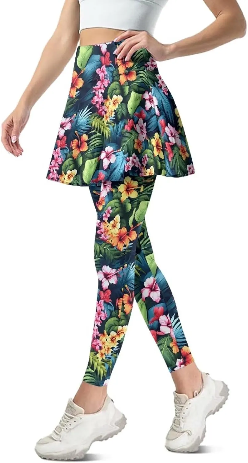 Irisjudy Women Yoga Pants Leggings with Skirt Sunflower Music Note Tennis Golf Skirted Legging Hawaii Style High Waist Tights