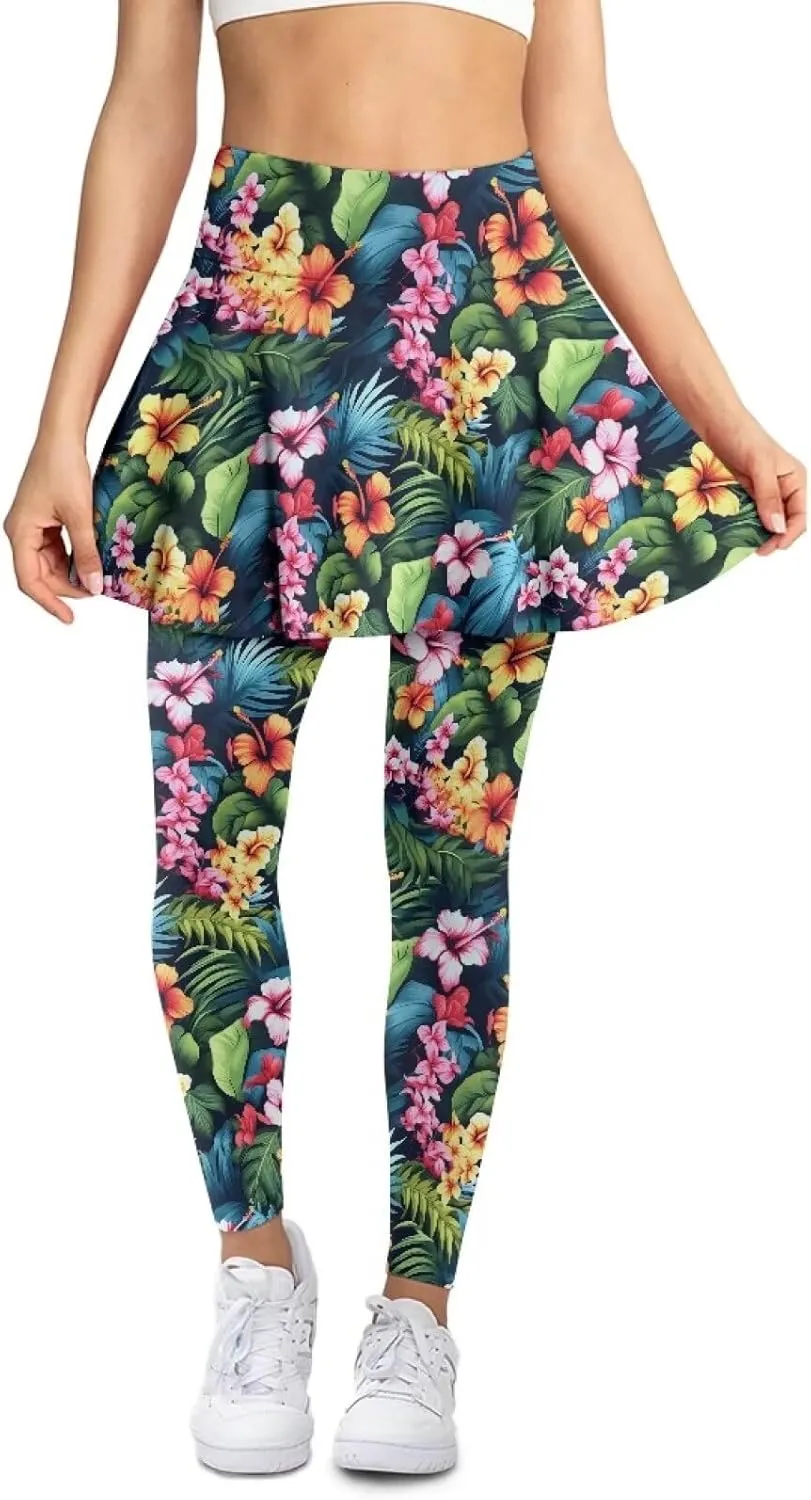 Irisjudy Women Yoga Pants Leggings with Skirt Sunflower Music Note Tennis Golf Skirted Legging Hawaii Style High Waist Tights