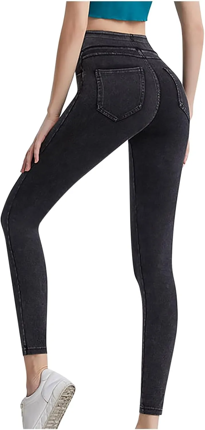 Jean Leggings Jeggings for Women Elastic High Waist Slim Fit Tummy Control Skinny Stretchy Imitation Denim Pants