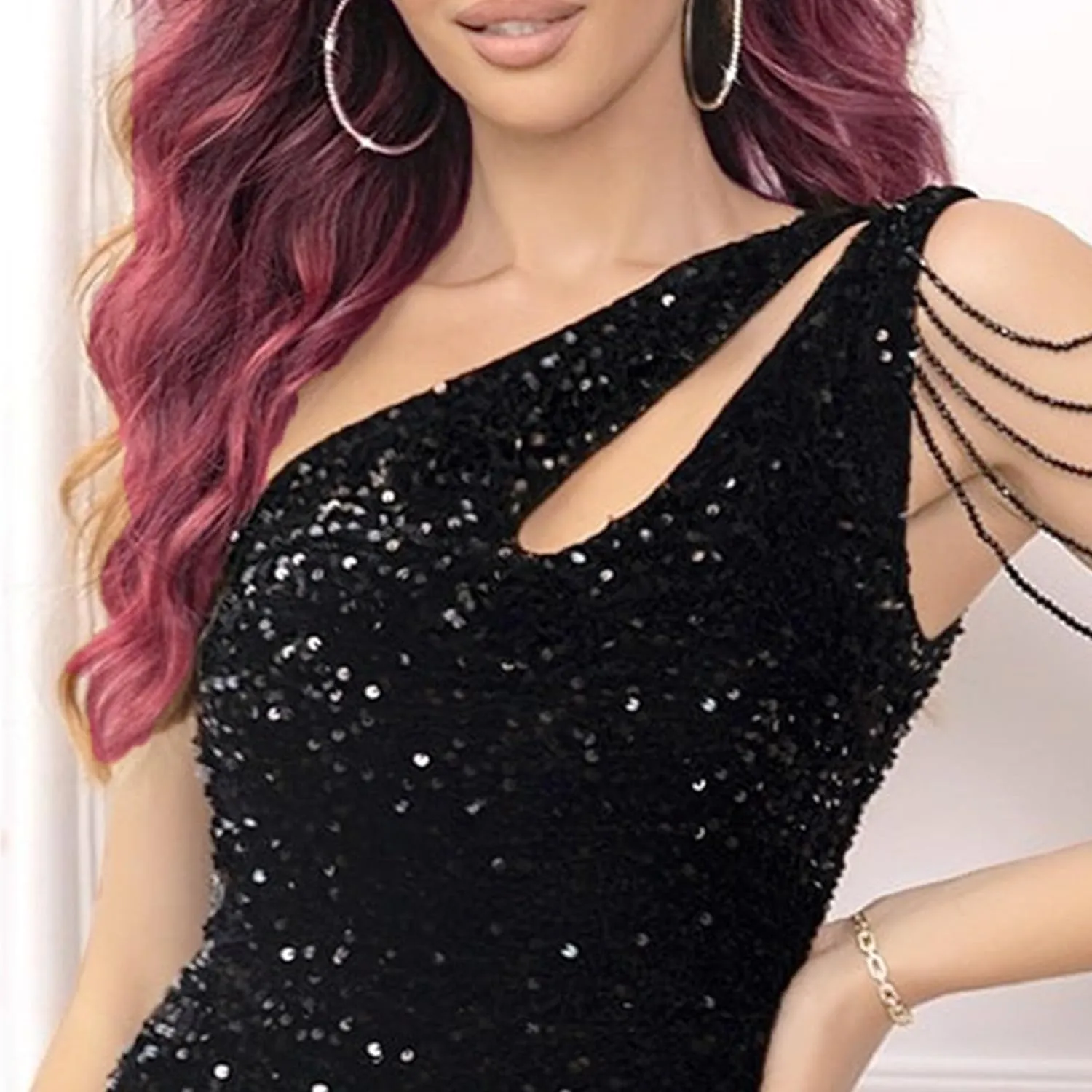 JEKE-DG Women's One Shoulder Hollow Out Mini Dress Sequin Sparkly Bodycon Cocktail Dress Sexy Slim Fit Fashion Dresses