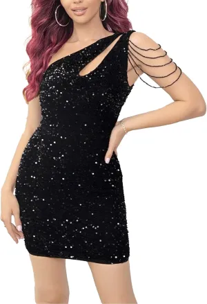 JEKE-DG Women's One Shoulder Hollow Out Mini Dress Sequin Sparkly Bodycon Cocktail Dress Sexy Slim Fit Fashion Dresses