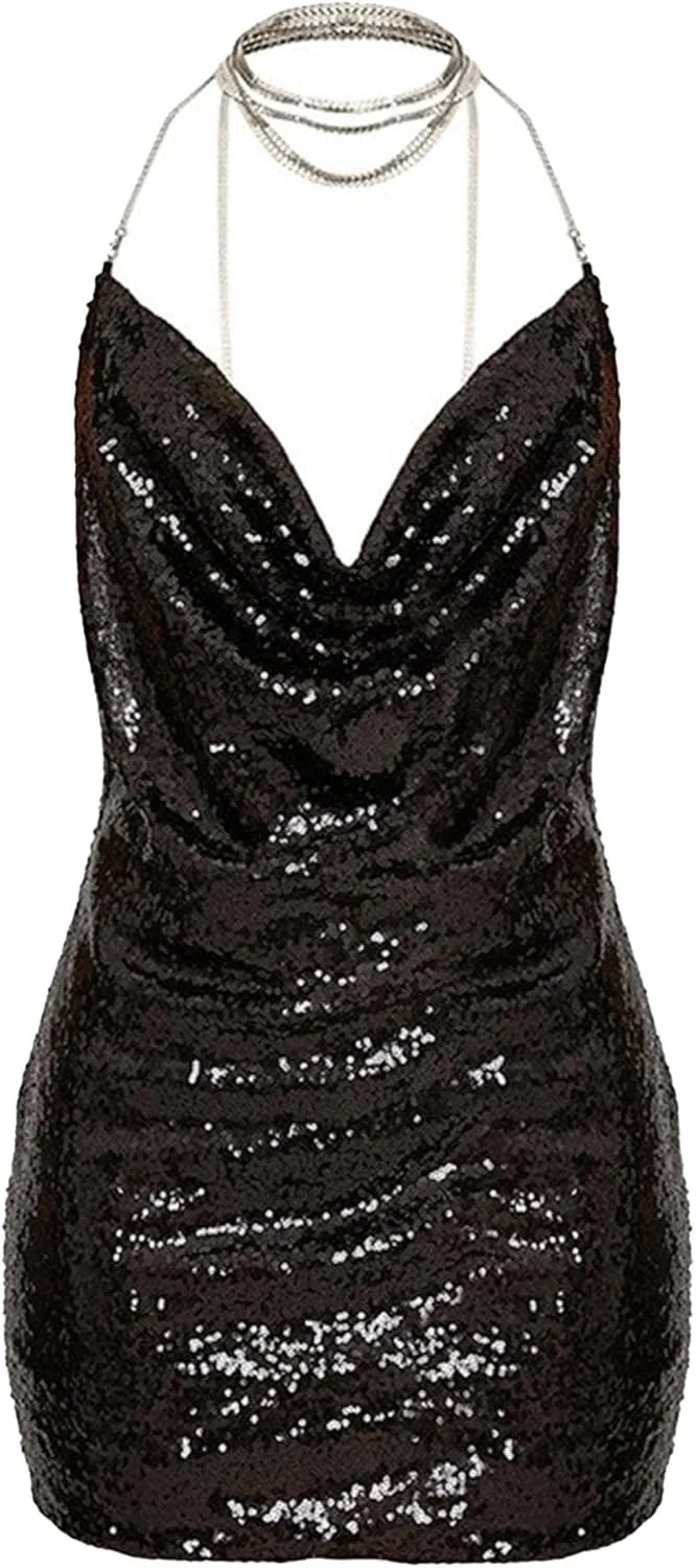 JEKE-DG Women's Sparkly Deep V Neck Cocktail Party Dress Bodycon Sexy Mini Dress Backless Formal Dresses