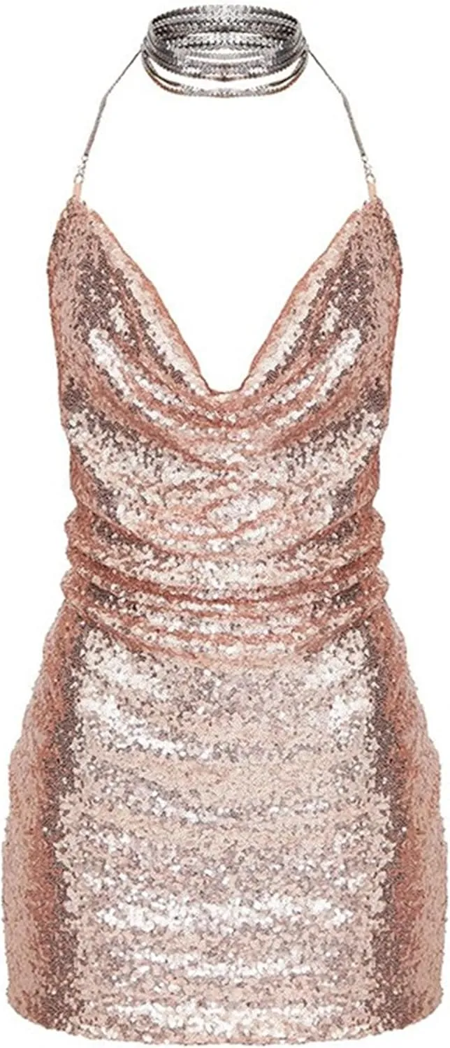 JEKE-DG Women's Sparkly Deep V Neck Cocktail Party Dress Bodycon Sexy Mini Dress Backless Formal Dresses