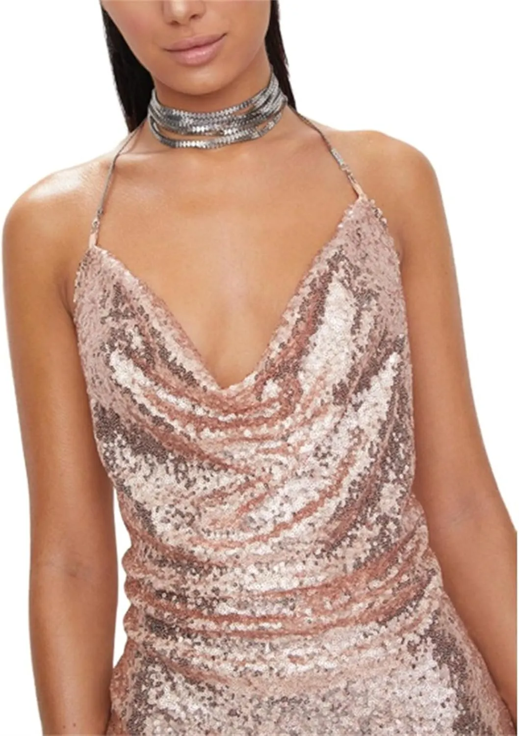 JEKE-DG Women's Sparkly Deep V Neck Cocktail Party Dress Bodycon Sexy Mini Dress Backless Formal Dresses