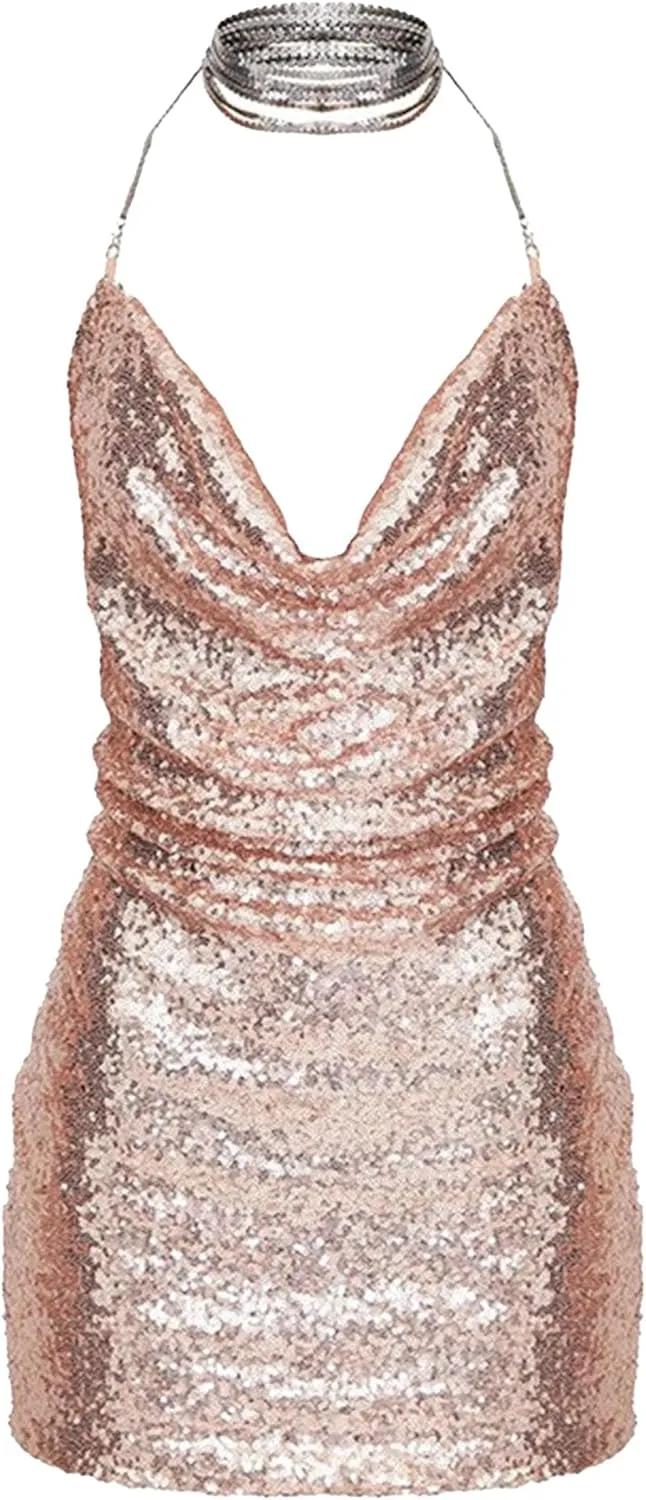 JEKE-DG Women's Sparkly Deep V Neck Cocktail Party Dress Bodycon Sexy Mini Dress Backless Formal Dresses