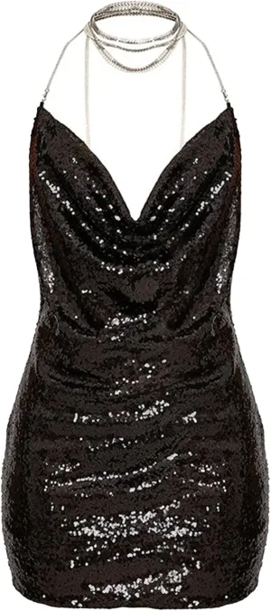 JEKE-DG Women's Sparkly Deep V Neck Cocktail Party Dress Bodycon Sexy Mini Dress Backless Formal Dresses