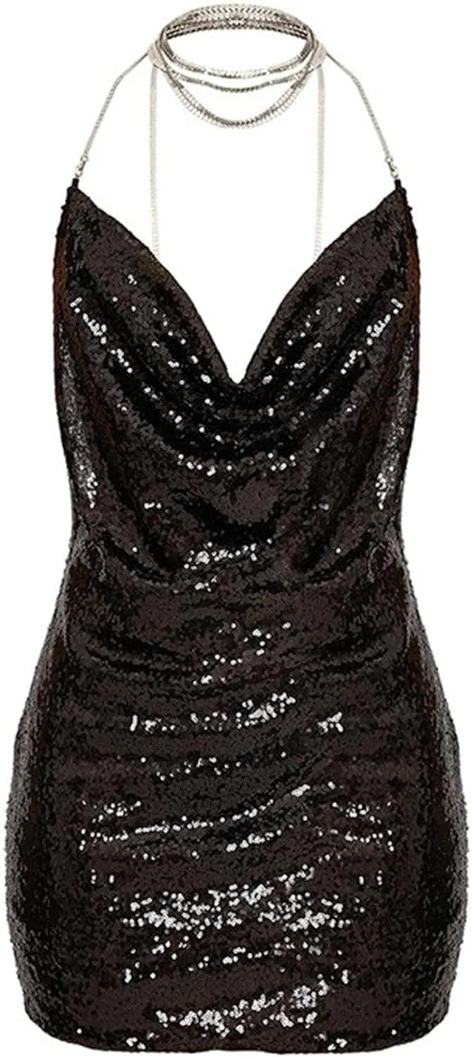 JEKE-DG Women's Sparkly Deep V Neck Cocktail Party Dress Bodycon Sexy Mini Dress Backless Formal Dresses