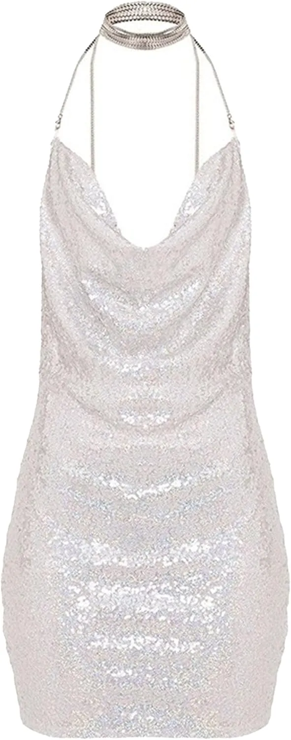 JEKE-DG Women's Sparkly Deep V Neck Cocktail Party Dress Bodycon Sexy Mini Dress Backless Formal Dresses