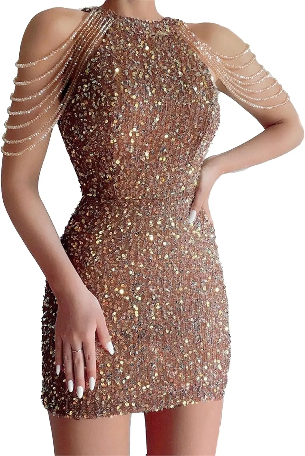 JEKE-DG Women's Tassels Slim Fit Sexy Dress Sexy Sleeveless Party Club Mini Dress Sequin Sparkly Bodycon Cocktail Dresses