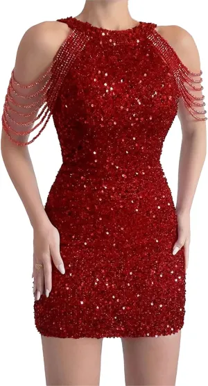 JEKE-DG Women's Tassels Slim Fit Sexy Dress Sexy Sleeveless Party Club Mini Dress Sequin Sparkly Bodycon Cocktail Dresses