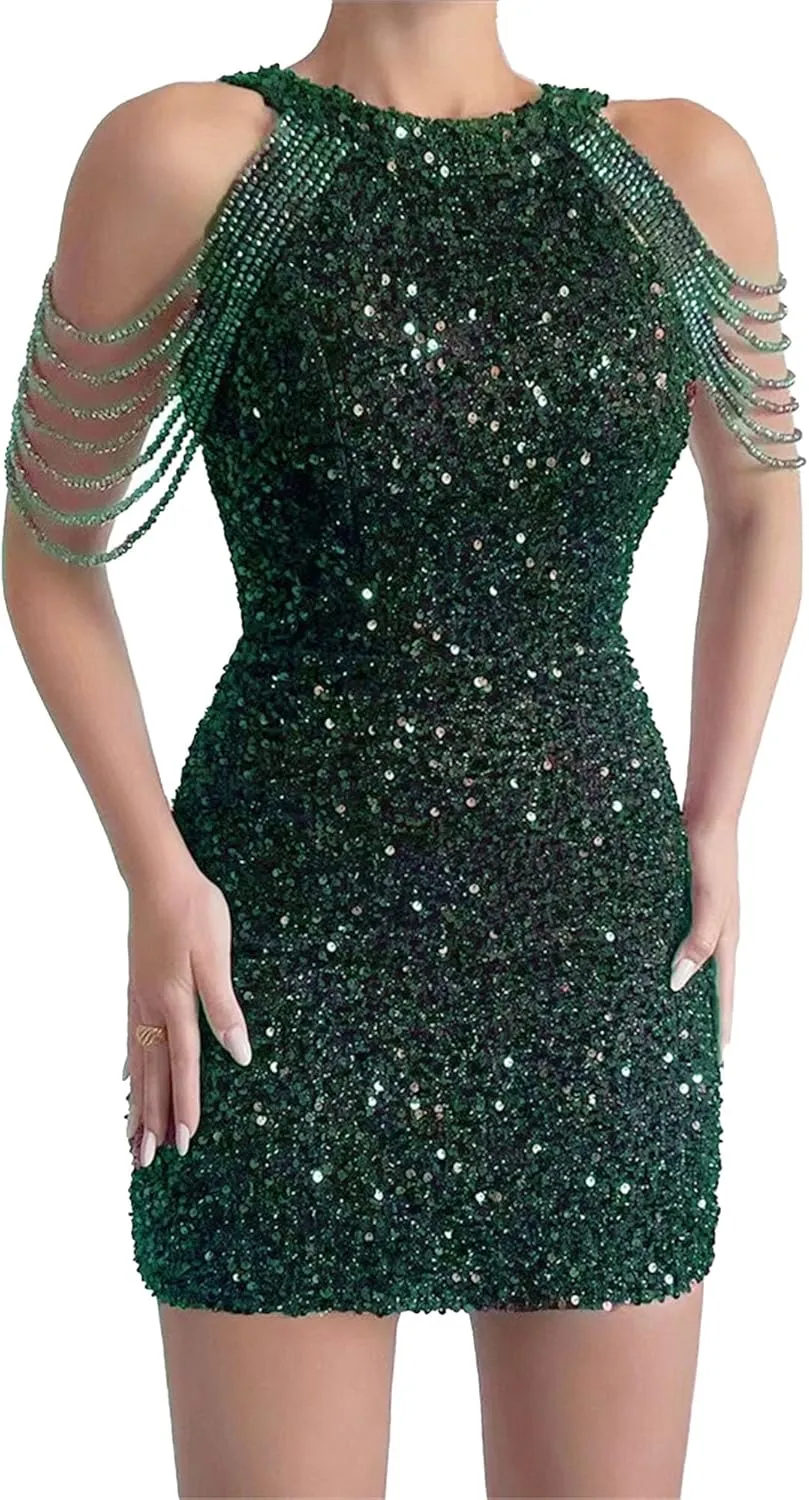 JEKE-DG Women's Tassels Slim Fit Sexy Dress Sexy Sleeveless Party Club Mini Dress Sequin Sparkly Bodycon Cocktail Dresses