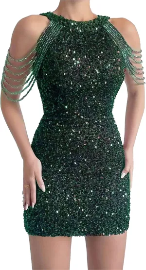 JEKE-DG Women's Tassels Slim Fit Sexy Dress Sexy Sleeveless Party Club Mini Dress Sequin Sparkly Bodycon Cocktail Dresses