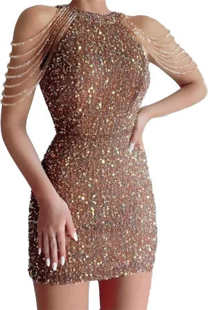 JEKE-DG Women's Tassels Slim Fit Sexy Dress Sexy Sleeveless Party Club Mini Dress Sequin Sparkly Bodycon Cocktail Dresses