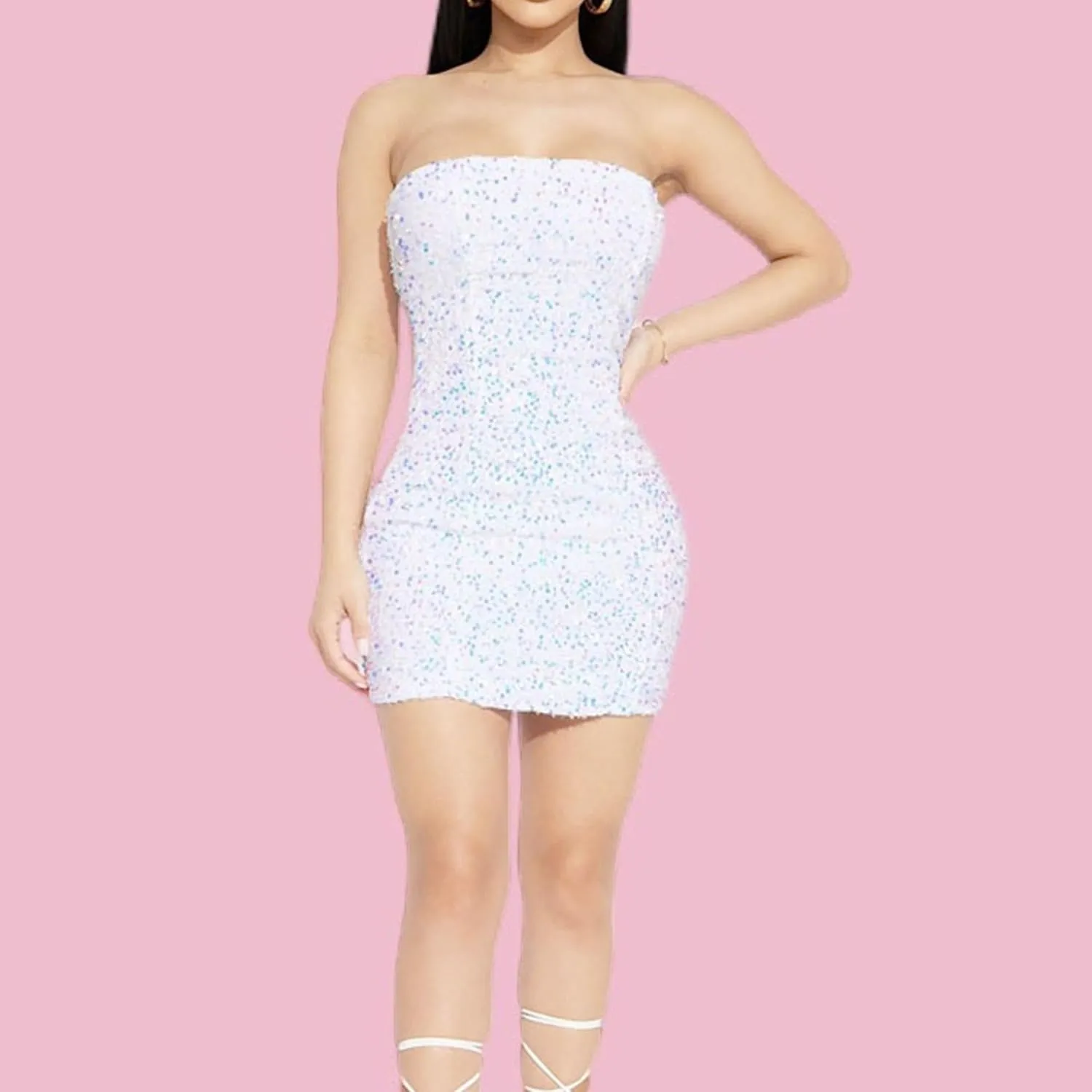 JEKE-DG Women's Tube Top Sexy Cocktail Party Dress Sparkly Fashion Elegant Bodycon Dress Off Shoulder Formal Mini Dresses