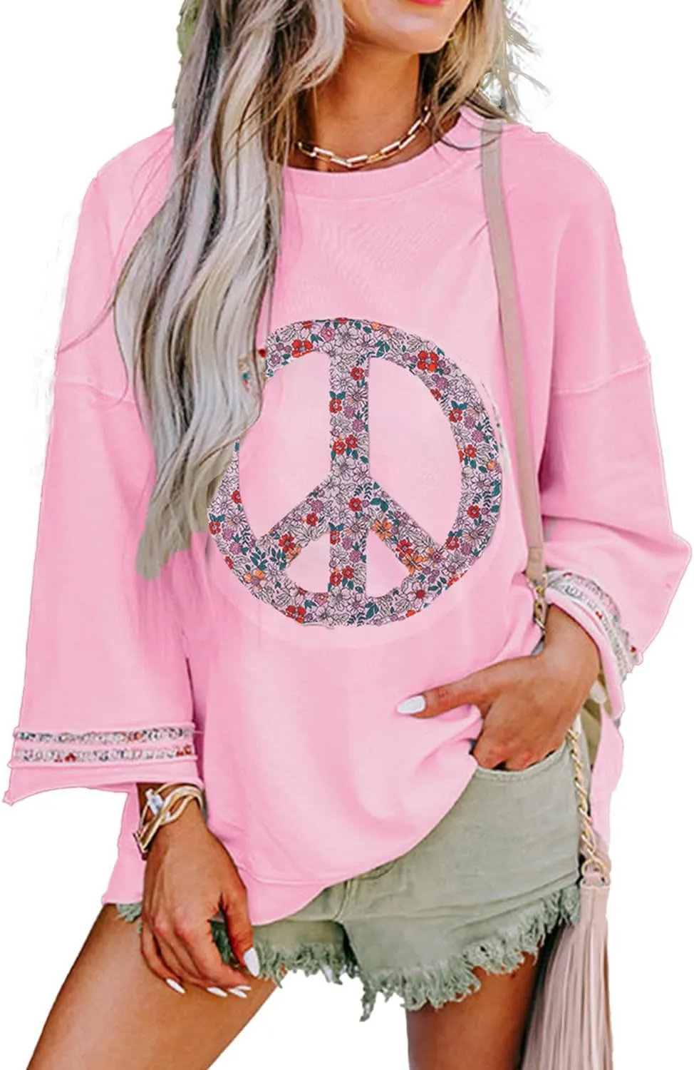 KevaMolly Womens Long Sleeve Tops Floral Peace Symbol Drop Shoulder Sweatshirt Crewneck Casual Pullover Top