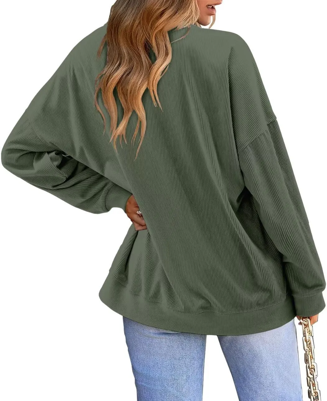 KISSMODA Women's Casual Long Sleeve Sweatshirt Color Block/Solid Crewneck Corduroy Pullover Cute Tops