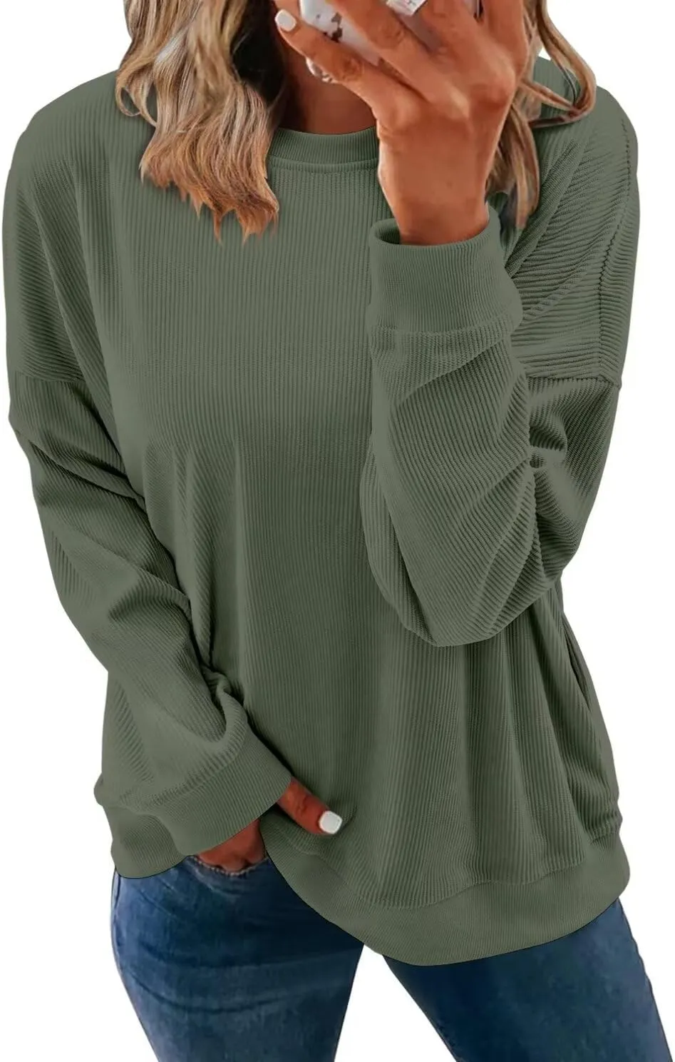 KISSMODA Women's Casual Long Sleeve Sweatshirt Color Block/Solid Crewneck Corduroy Pullover Cute Tops