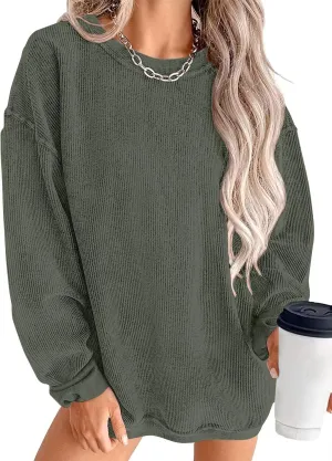 KISSMODA Women's Casual Long Sleeve Sweatshirt Color Block/Solid Crewneck Corduroy Pullover Cute Tops