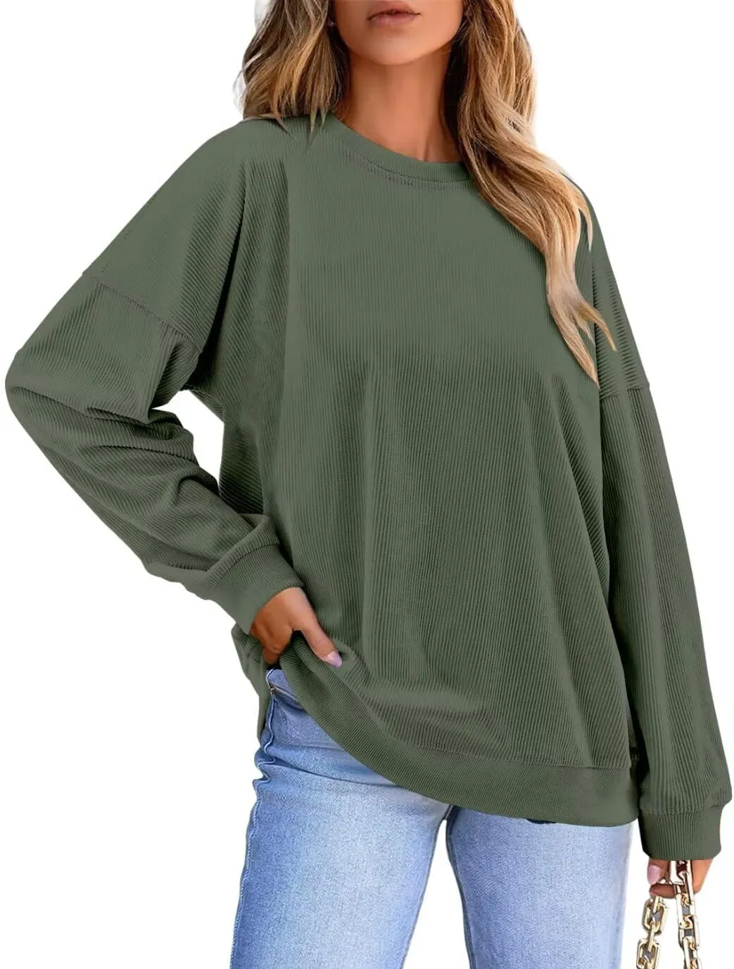 KISSMODA Women's Casual Long Sleeve Sweatshirt Color Block/Solid Crewneck Corduroy Pullover Cute Tops