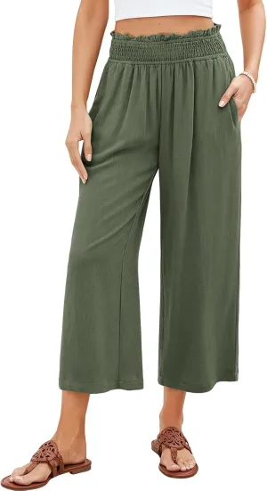 Kubbon Capri Pants for Women Cotton Linen Palazzo Pants High Waist Wide Leg Casual Loose Pant Flowy Trousers with Pockets