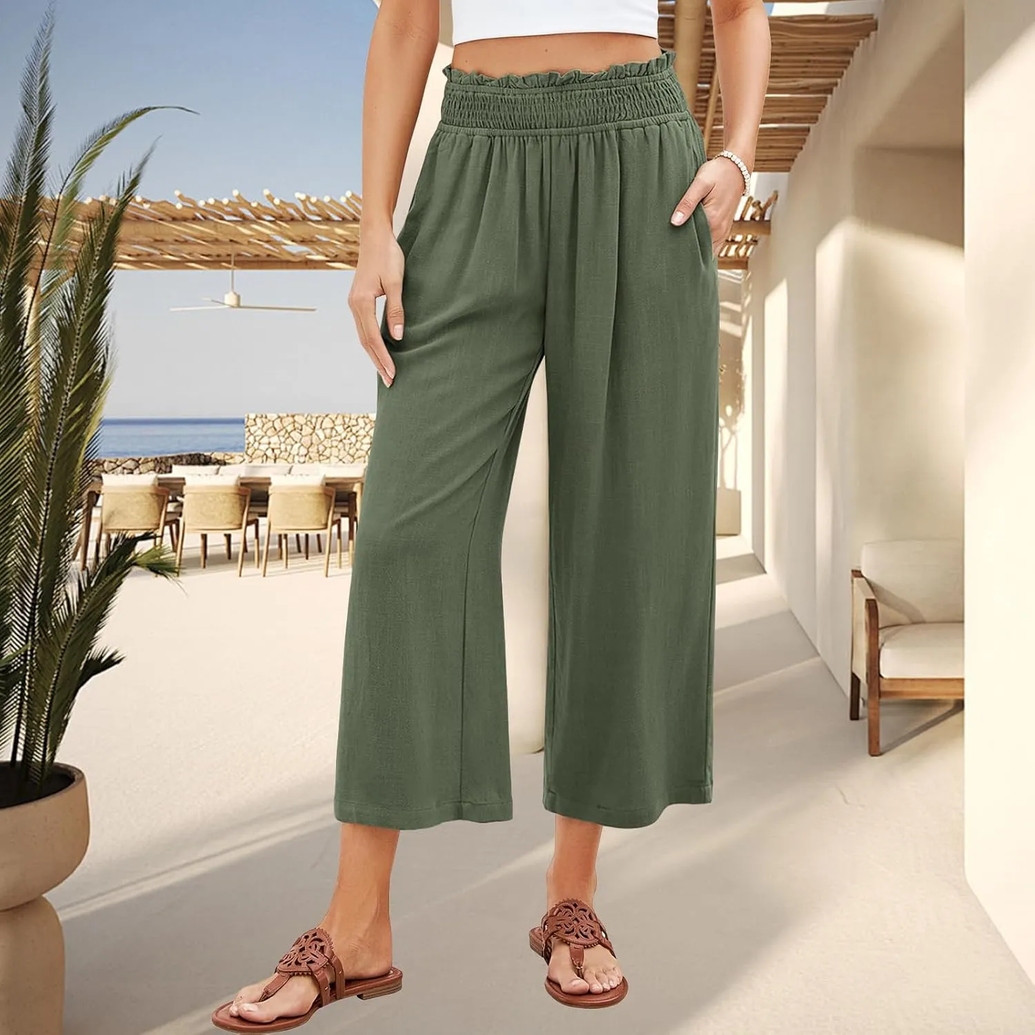 Kubbon Capri Pants for Women Cotton Linen Palazzo Pants High Waist Wide Leg Casual Loose Pant Flowy Trousers with Pockets