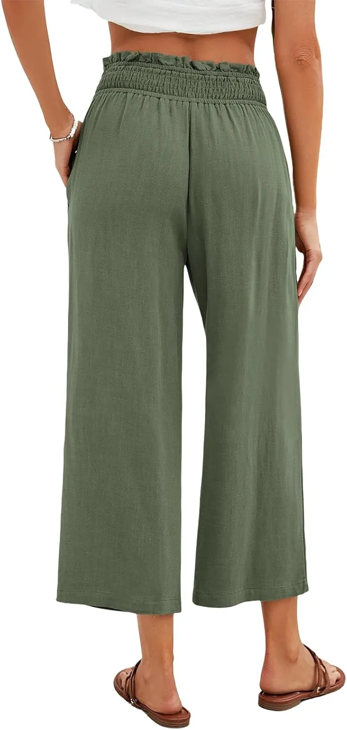 Kubbon Capri Pants for Women Cotton Linen Palazzo Pants High Waist Wide Leg Casual Loose Pant Flowy Trousers with Pockets