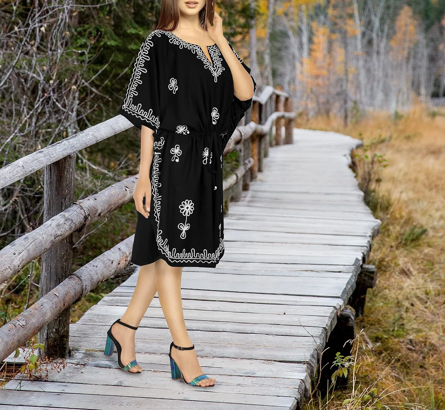 LA LEELA Women's Short Caftan Boho Mini Dress