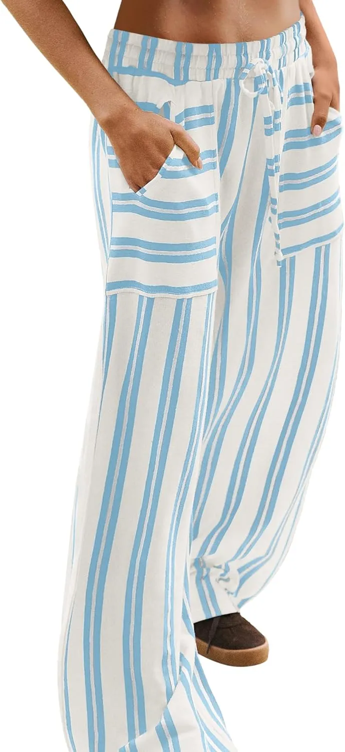 LAMISSCHE Womens Oversized Striped Wide Leg Pants High Waisted Lounge Pants Beach Trousers with Pockets