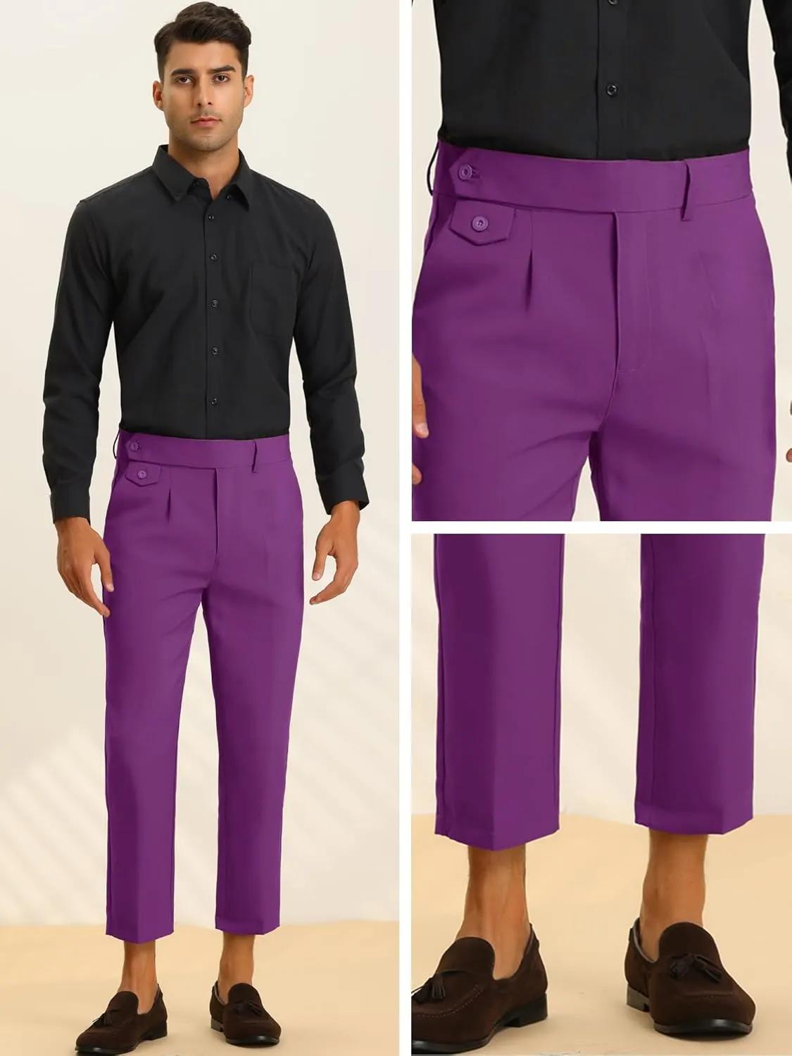Lars Amadeus Cropped Dress Pants for Men's Pleated Front Slim Fit Solid Business Tapered Trousers
