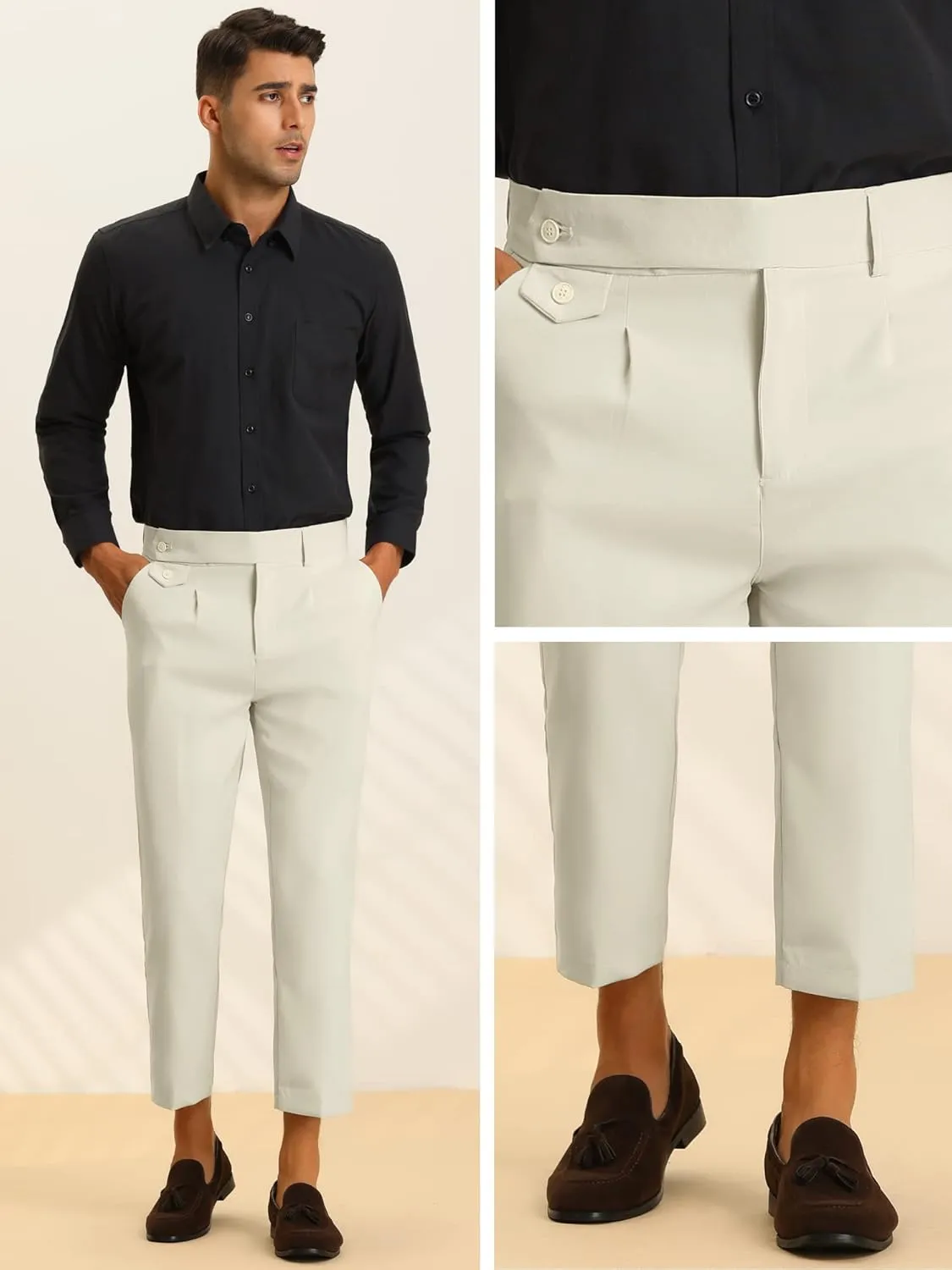 Lars Amadeus Cropped Dress Pants for Men's Pleated Front Slim Fit Solid Business Tapered Trousers