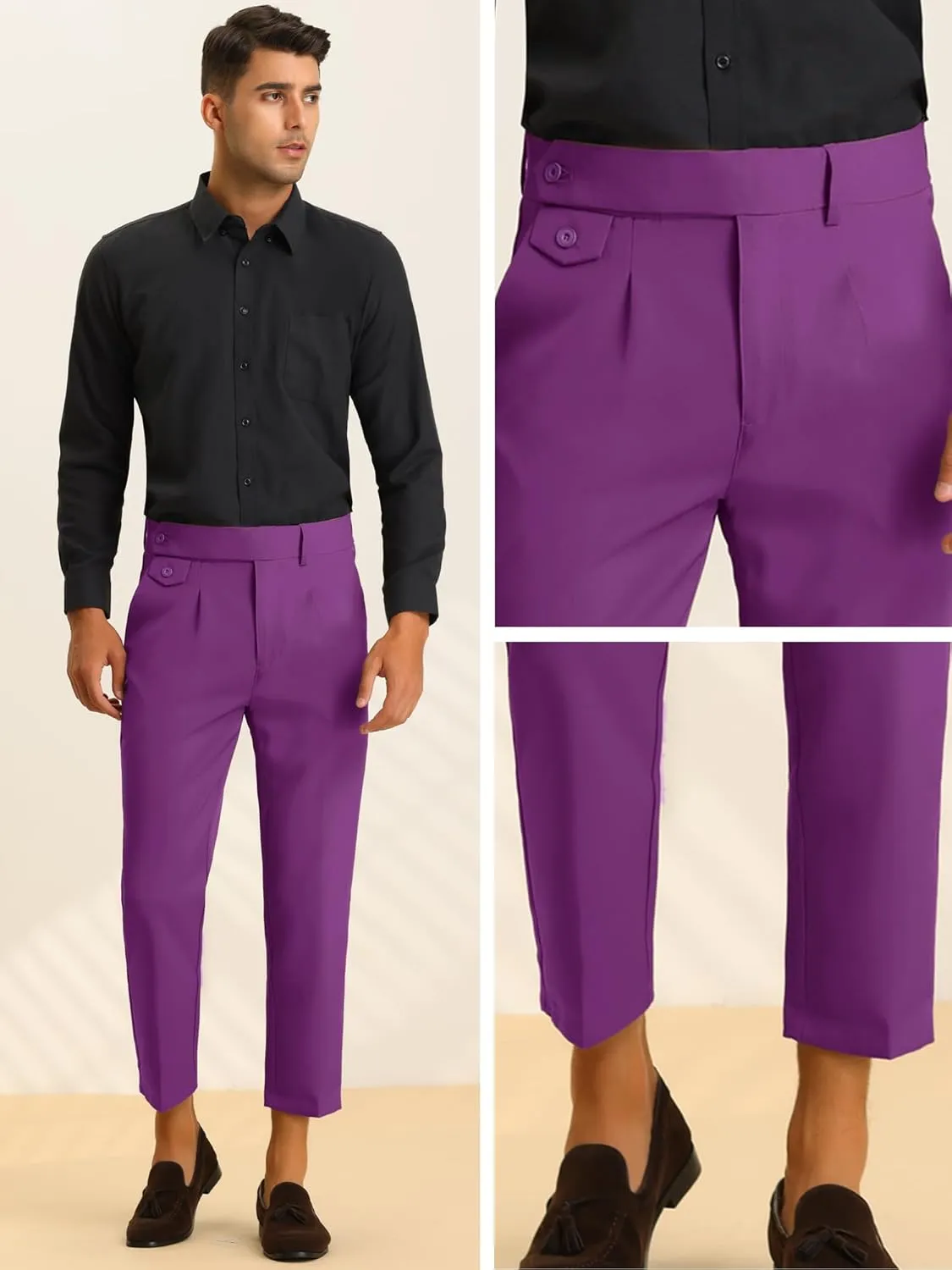 Lars Amadeus Cropped Dress Pants for Men's Pleated Front Slim Fit Solid Business Tapered Trousers