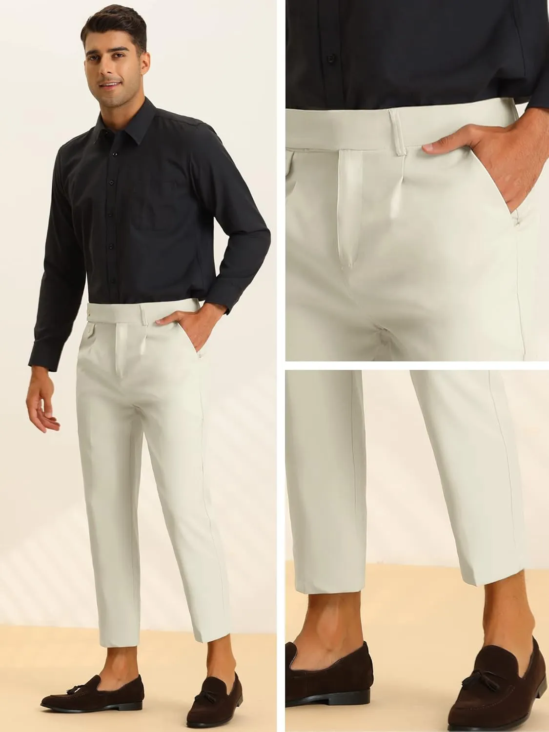 Lars Amadeus Cropped Dress Pants for Men's Pleated Front Slim Fit Solid Business Tapered Trousers