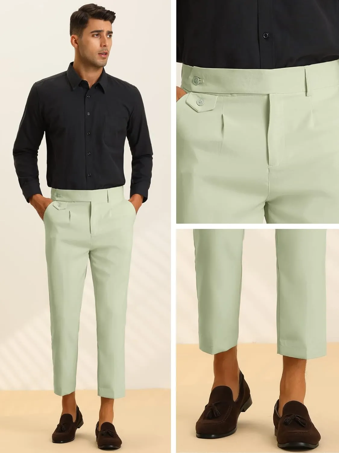 Lars Amadeus Cropped Dress Pants for Men's Pleated Front Slim Fit Solid Business Tapered Trousers