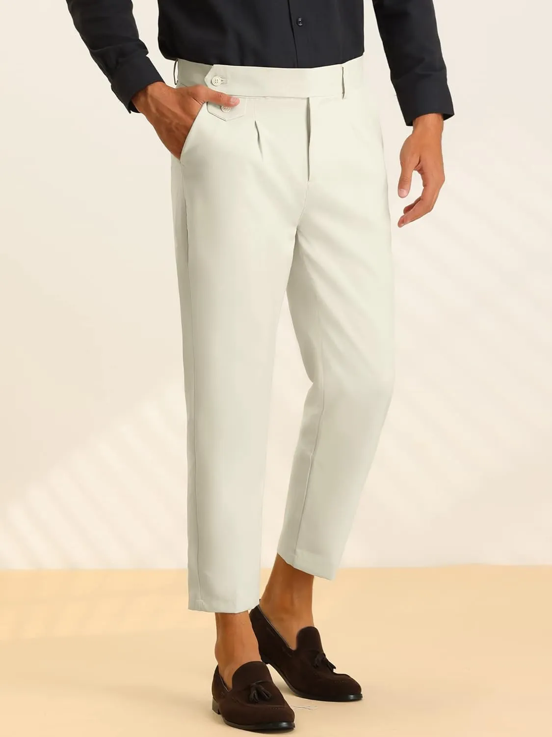 Lars Amadeus Cropped Dress Pants for Men's Pleated Front Slim Fit Solid Business Tapered Trousers