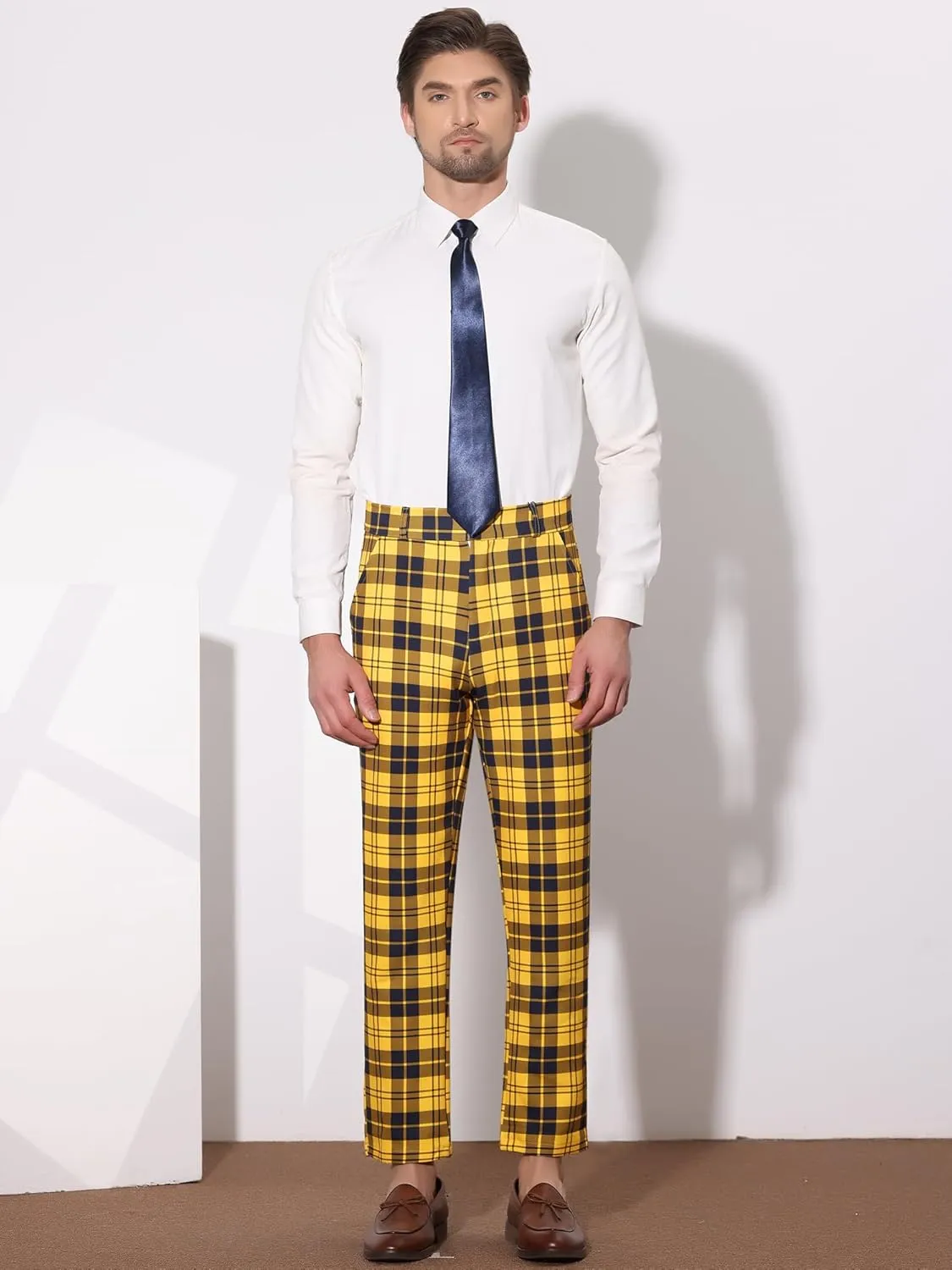 Lars Amadeus Men's Plaid Dress Pants Casual Slim Fit Flat Front Checked Printed Business Trousers