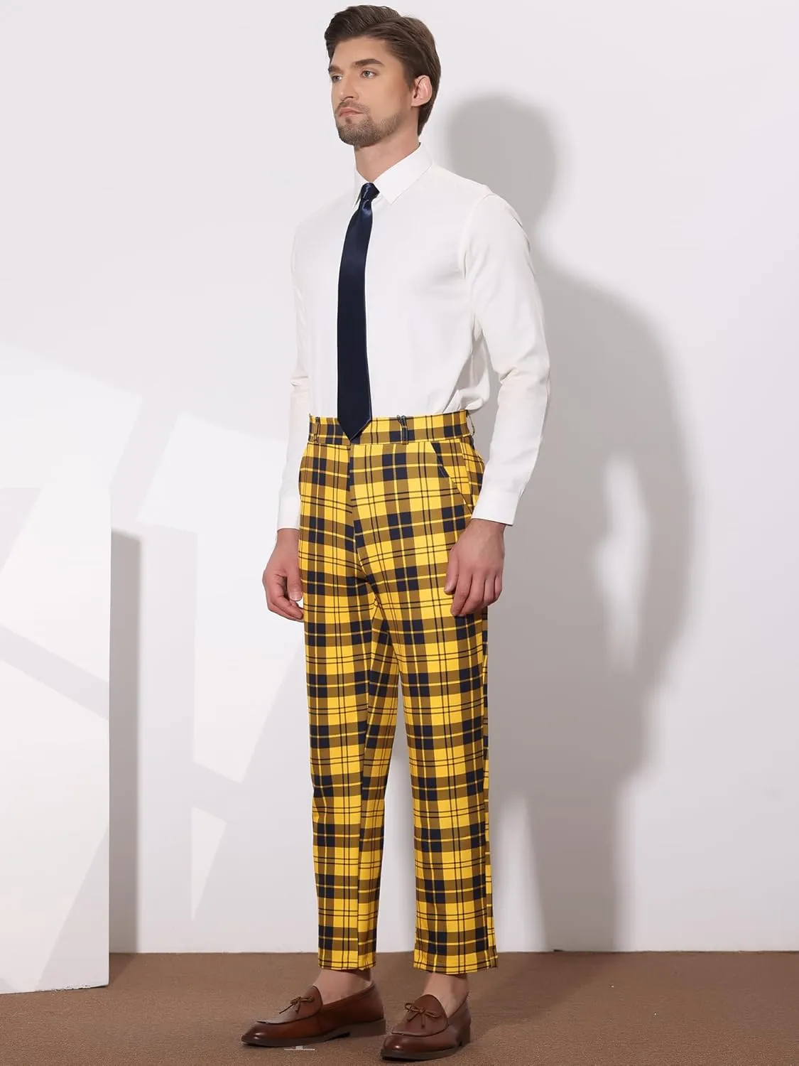Lars Amadeus Men's Plaid Dress Pants Casual Slim Fit Flat Front Checked Printed Business Trousers