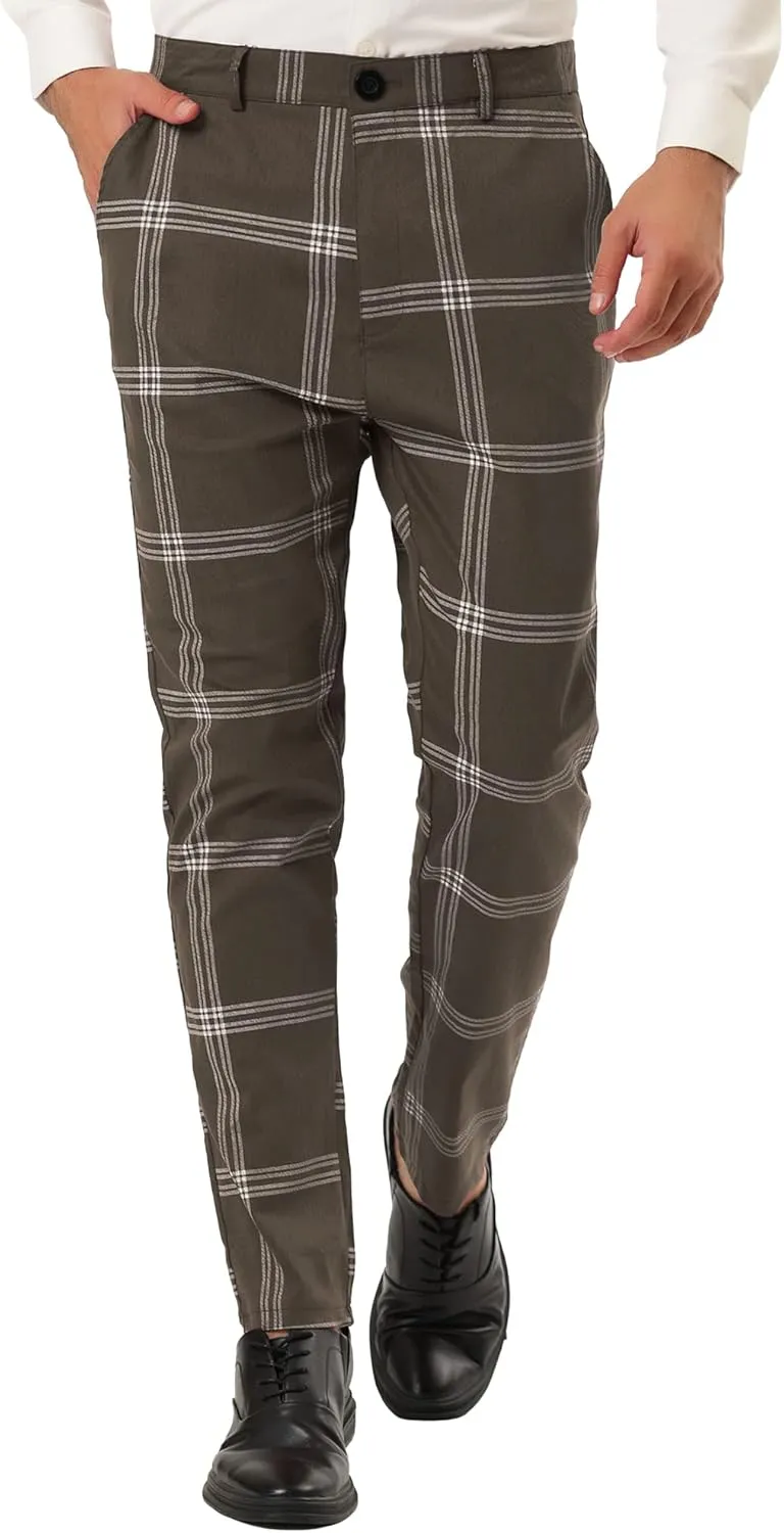 Lars Amadeus Men's Plaid Dress Pants Casual Slim Fit Flat Front Checked Printed Business Trousers