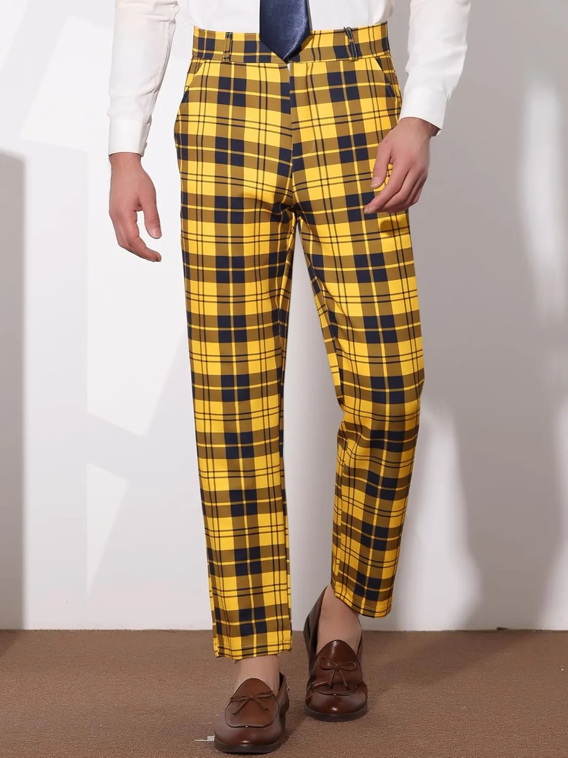 Lars Amadeus Men's Plaid Dress Pants Casual Slim Fit Flat Front Checked Printed Business Trousers
