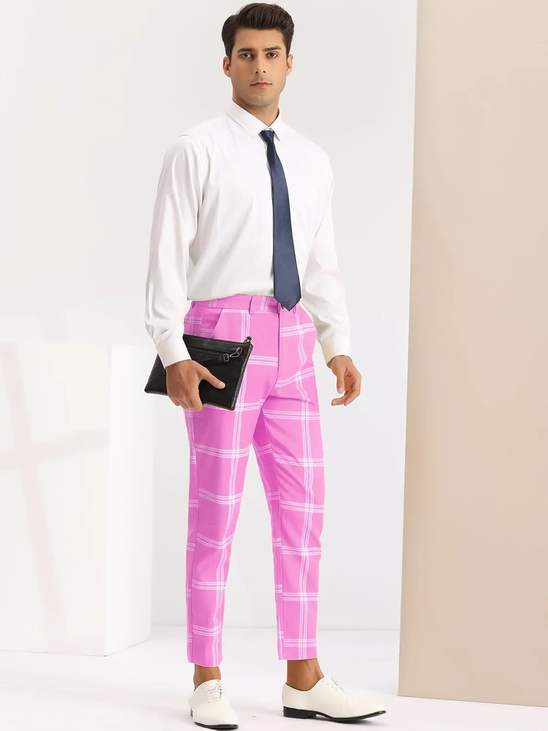 Lars Amadeus Men's Plaid Dress Pants Casual Slim Fit Flat Front Checked Printed Business Trousers