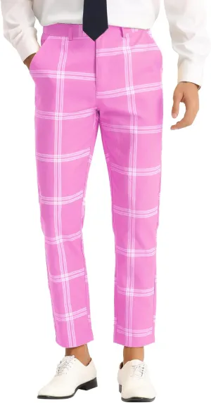 Lars Amadeus Men's Plaid Dress Pants Casual Slim Fit Flat Front Checked Printed Business Trousers
