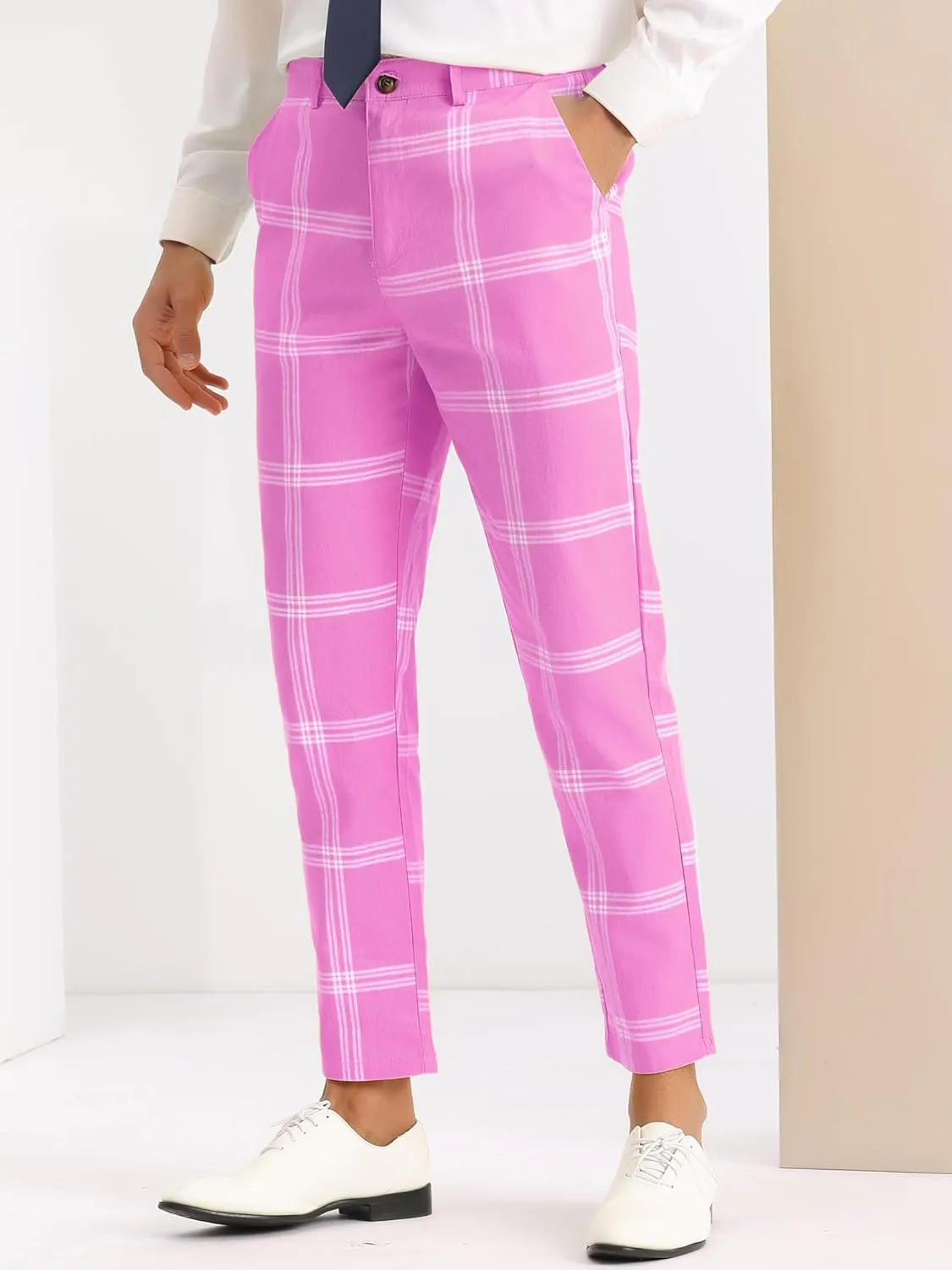 Lars Amadeus Men's Plaid Dress Pants Casual Slim Fit Flat Front Checked Printed Business Trousers