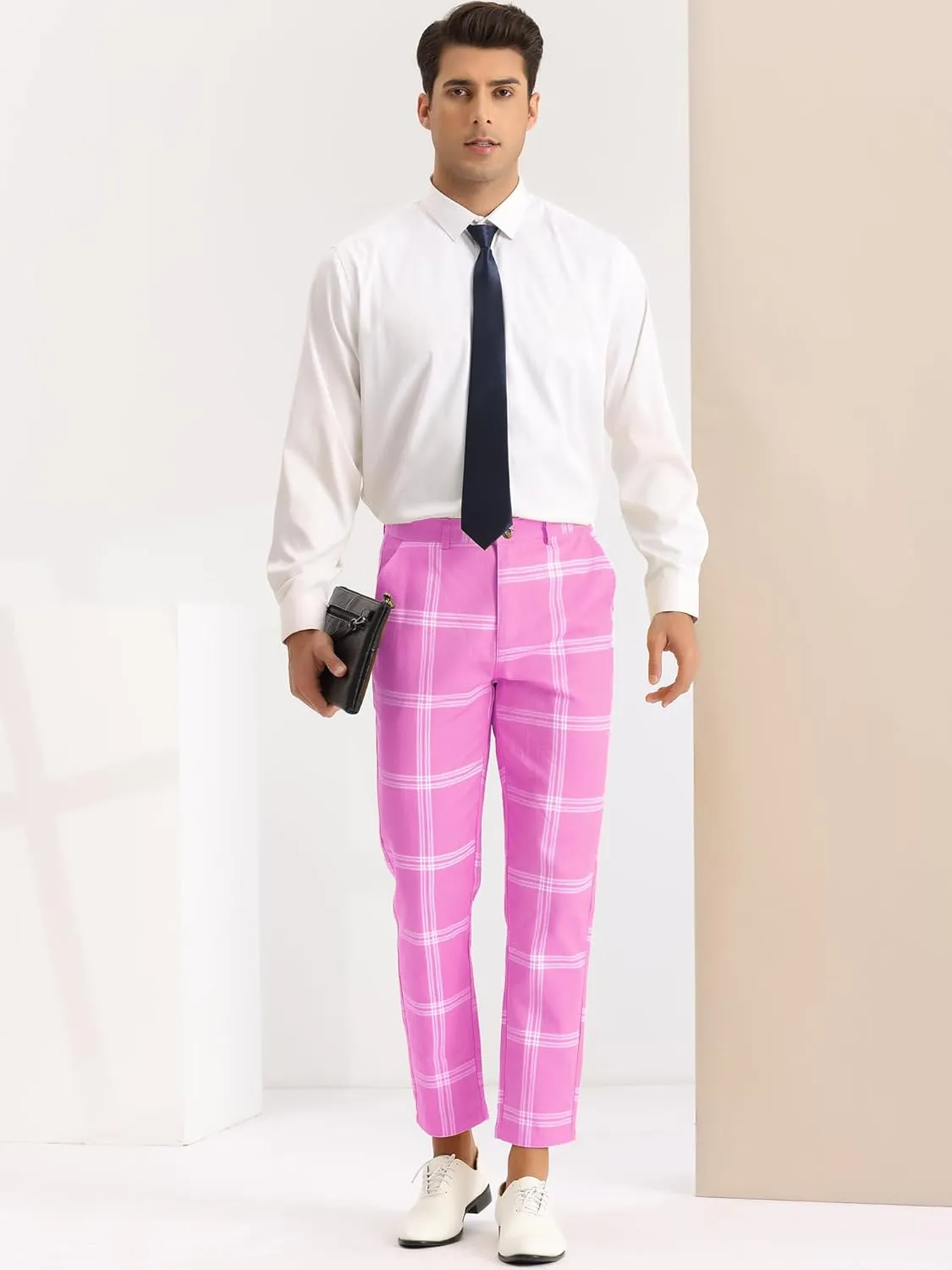 Lars Amadeus Men's Plaid Dress Pants Casual Slim Fit Flat Front Checked Printed Business Trousers